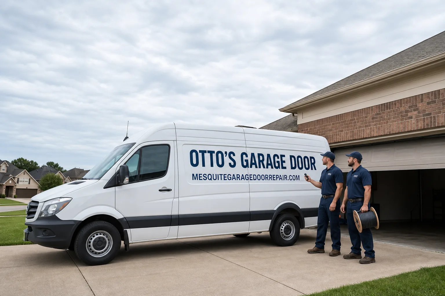 Otto's Garage Door garage door service vehicle and crew in Mesquite, TX